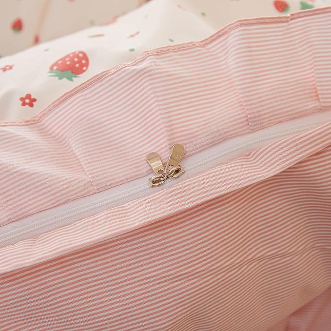 HighBuy Strawberry Full Comforter Set Cute Ruffle Bedding Comforter with 2 Pillowcases Fluffy Kawaii Bedding Sets Full Girl Ruffled Comforter Sets for All Season,Lightweight