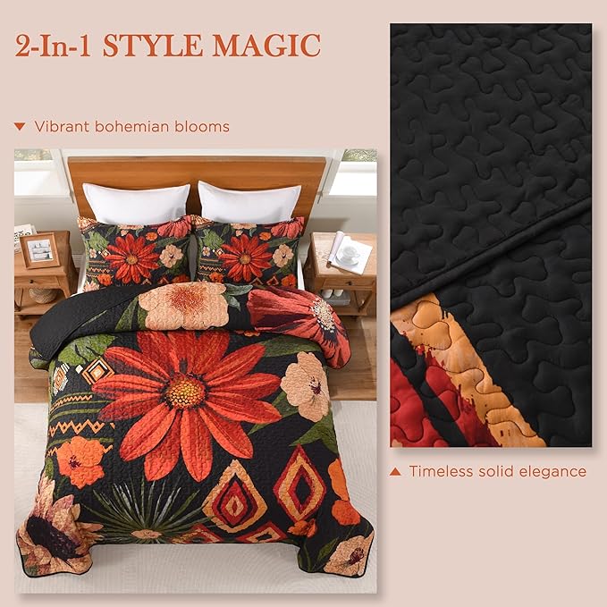 Andency Floral Boho Super King Quilt Bedding Set Black, 3 Pieces Farmhouse Flower Botanical Bedspreads with 2 Shams, Soft Reversible Lightweight Microfiber Coverlet Set for All Season, 120"x120"