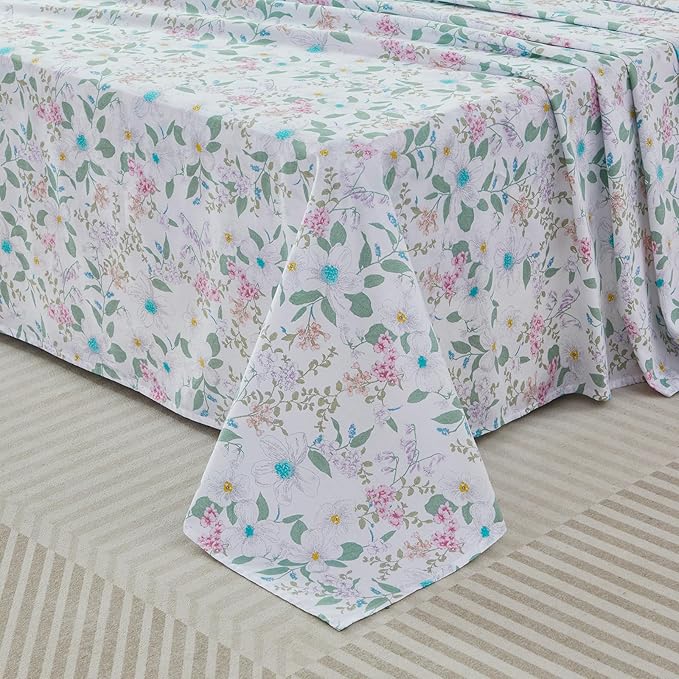 FADFAY Full Size Sheets Set 100% Cotton Vintage Floral Shabby Flowers & Leaves Pattern Farmhouse Bedding Set Deep Pocket Sheets with 2 Pillowcases Breathable Soft 4Pcs, Full