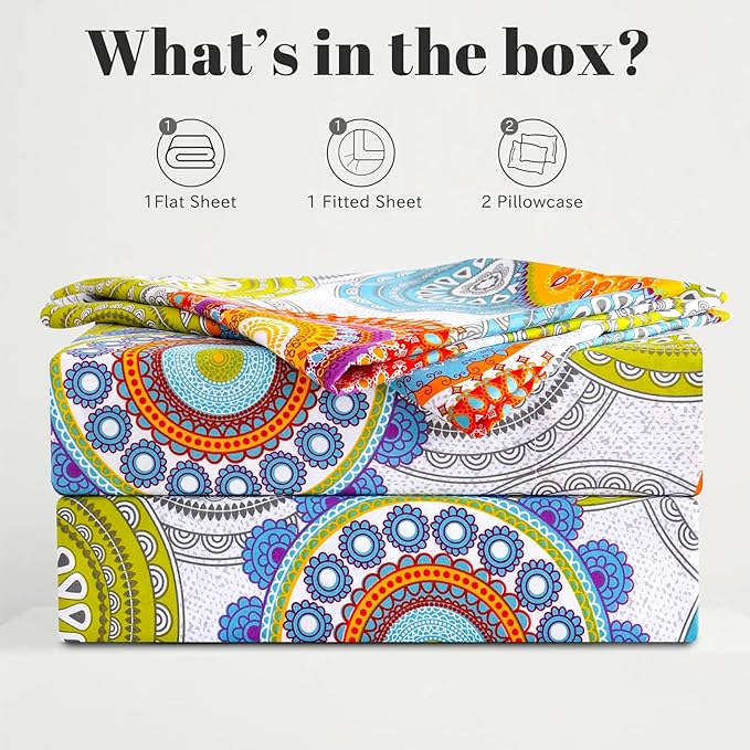 Bedlifes Full Sheet Set Ultra Soft, Breathable, Silky Flower Deep Pocket 100% Microfiber Bedding, 4 Piece Full Size Mandala Patterned
