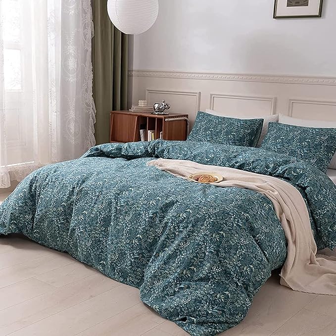 EAVD Reversible Botanical Floral Duvet Cover Queen Soft Cotton Flower Pattern Blue Duvet Cover with 2 Pillowcases Chic Shabby Garden Floral Comforter Set for Girls Women