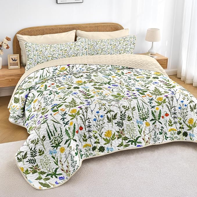 Quilt Set King Size, Garden Floral 3 Pcs Soft Bed Cover Bedding Set, Country Rustic Farmhouse Lightweight Bedspread Coverlet with 2 Pillow Sham for All Season