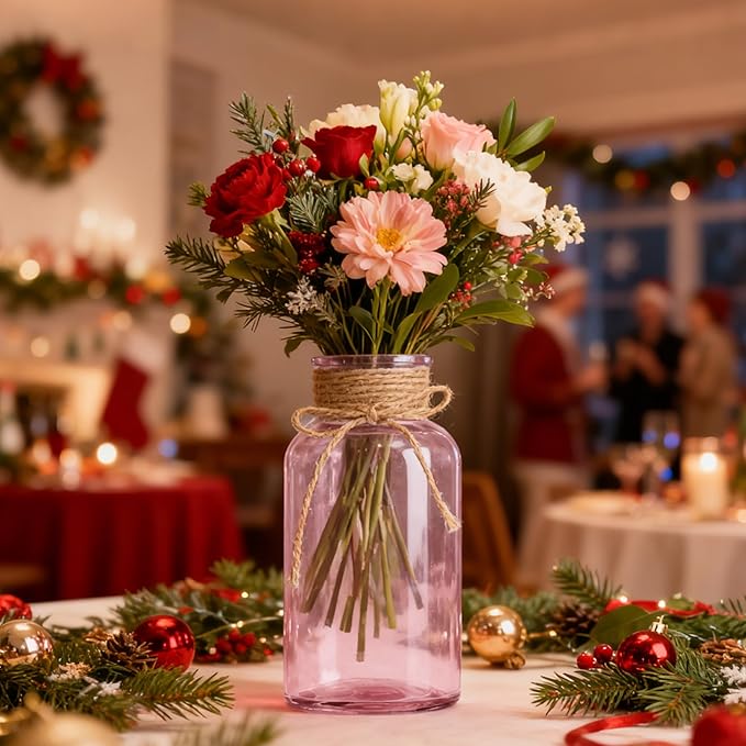 Vintage Glass Flower Vase,3 Pack Farmhouse Pink Glass Centerpiece Vases Mason Jars for Weddings, Parties & Home Decor Bulk (3, Pink)
