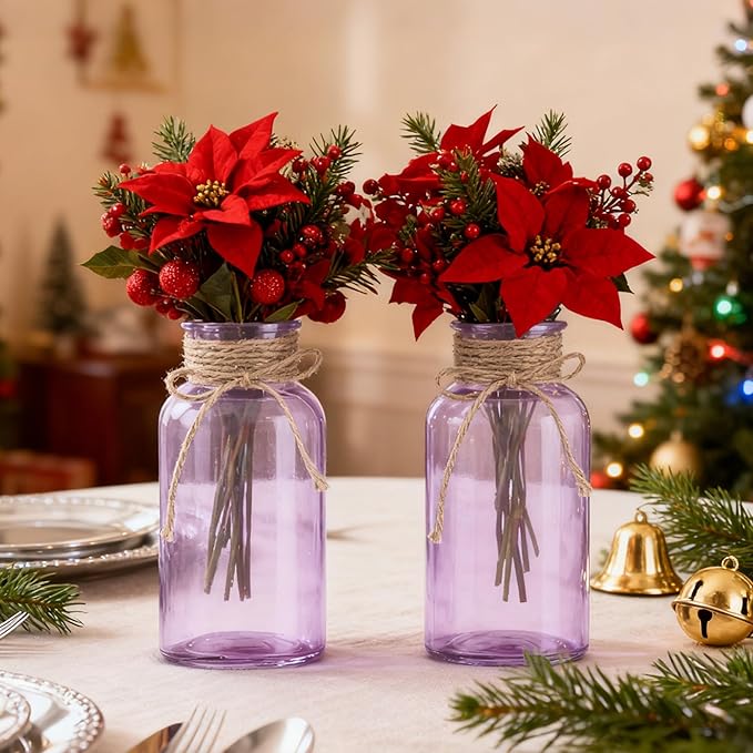 Vintage Glass Flower Vase,6 Pack Farmhouse Purple Glass Centerpiece Vases Mason Jars for Weddings, Parties & Home Decor Bulk (6, Purple)