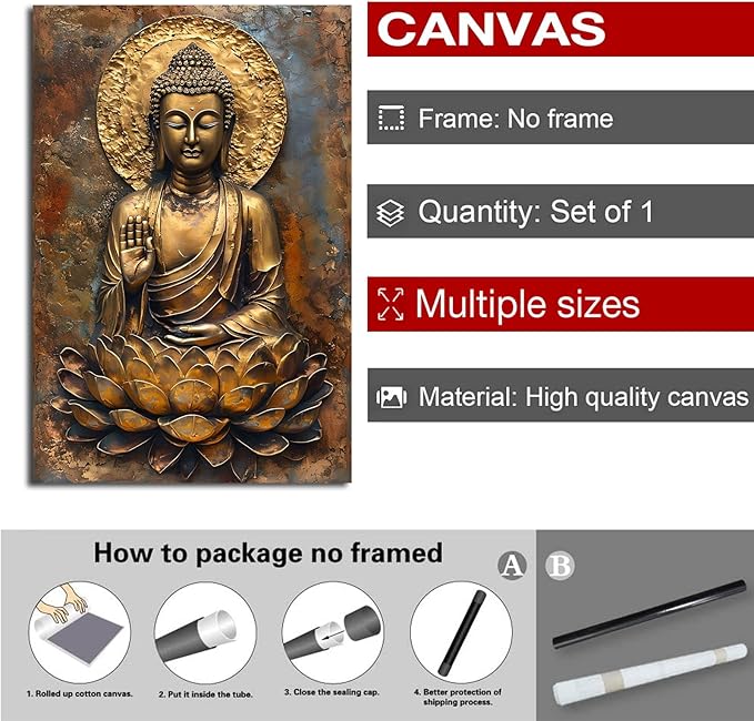 Buddha Wall Art Golden Buddha in Lotus Seat Serene spiritual statue radiant aura Meditation and mindfulness wall art suitable for sacred spaces 12x18in Frameless