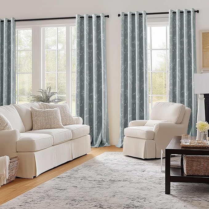 ChrisDowa Grey 100% Blackout Floral Curtains 72 Inches Long 2 Panels for Bedroom Living Room White Flower Patterned Room Darkening Thermal Insulated Soundproof Grommet Window Treatments Drapes,52X72