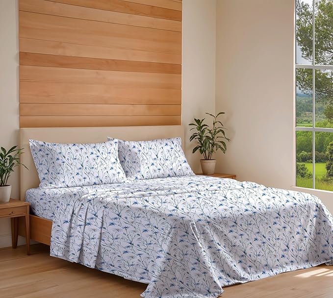 RUVANTI 100% Organic Cotton Sheets Split King, Percale Weave, GOTS Certified, 5-Piece Set, Deep Pocket 15", Crisp & Breathable, Soft Durable Bedding, Sábanas Algodón Orgánico – Daisy Bud