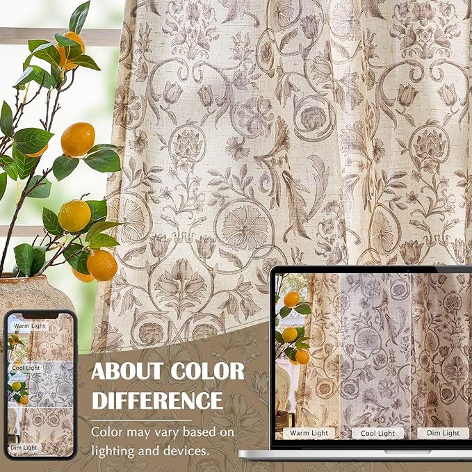 jinchan Linen Floral Curtains for Living Room with Printed Flower 96 Inches Long Light Filtering Farmhouse Window Treatment Vintage Drapes Back Tab Rod Pocket 2 Panels Taupe on Beige