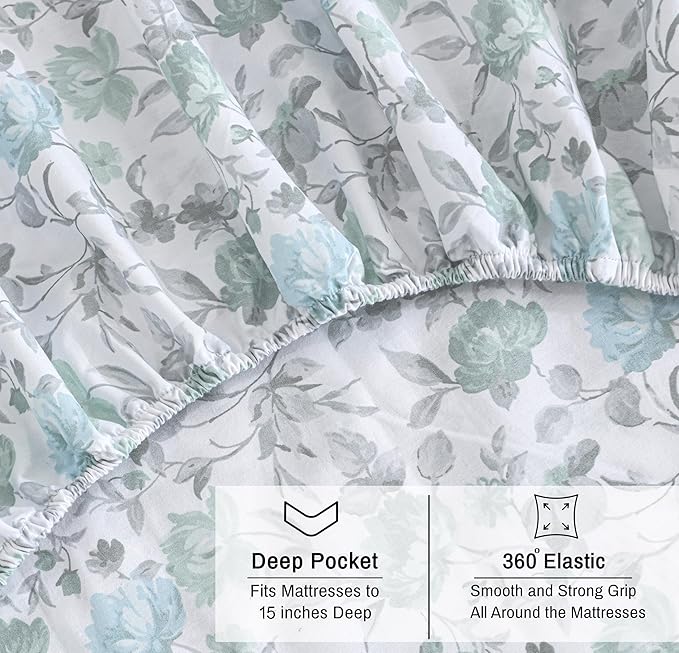 RUVANTI 100% Organic Cotton Sheets Twin Size, Percale Weave, GOTS Certified, 3-Piece Set, Deep Pocket 15", Crisp & Breathable, Soft Durable Bedding, Sábanas Algodón Orgánico – Cold Chrysanthemum