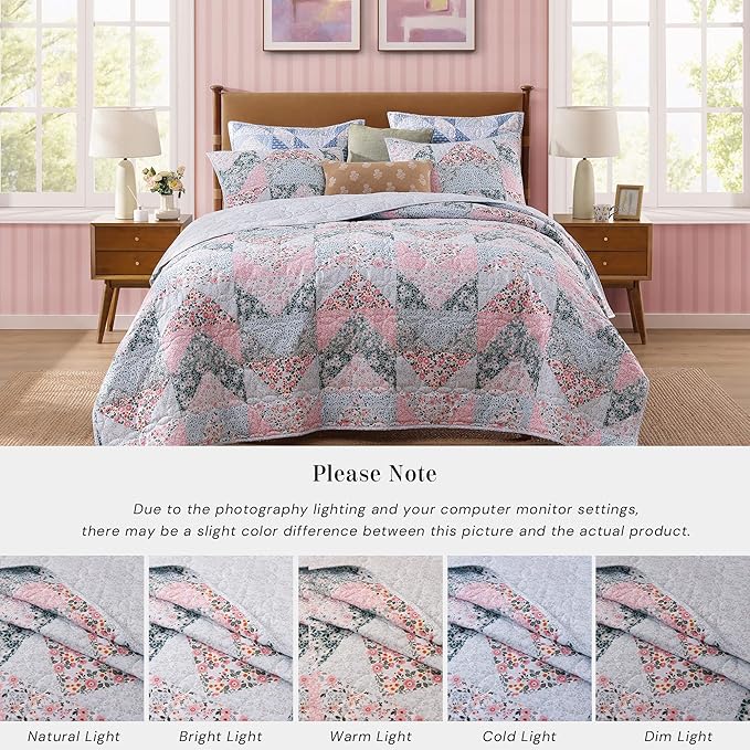 Quilt Set King Size, Patchwork Pink Floral Quilt Sets, Reversible Bedspread Lightweight and Breathable for All Seasons, Soft Quilted Bedspread with 2 Pillow Shams