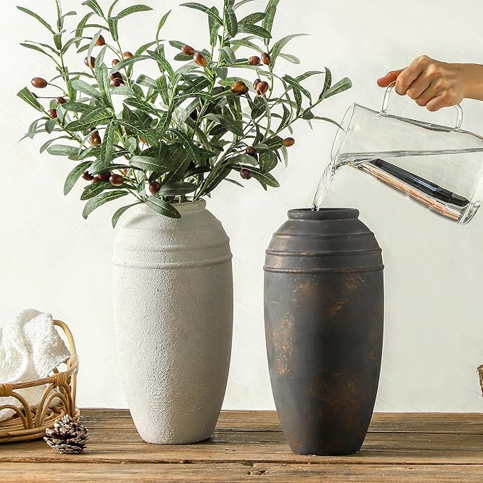 Rustic Farmhouse Flower Vase - 12.87 inch Tall Ceramic Vintage Vase for Home Decor, Living Room Shelf Decor, Enterway Table Decoration