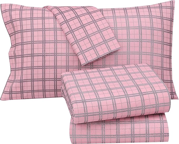 RUVANTI Flannel Sheets Twin XL Size - 100% Cotton Double Brushed Twin XL Sheet Sets, Deep Pockets 16 Inches, All Seasons Breathable & Extra Soft Bed Sheets, Warm & Cozy, 3 Piece, Check & Bolt Pink