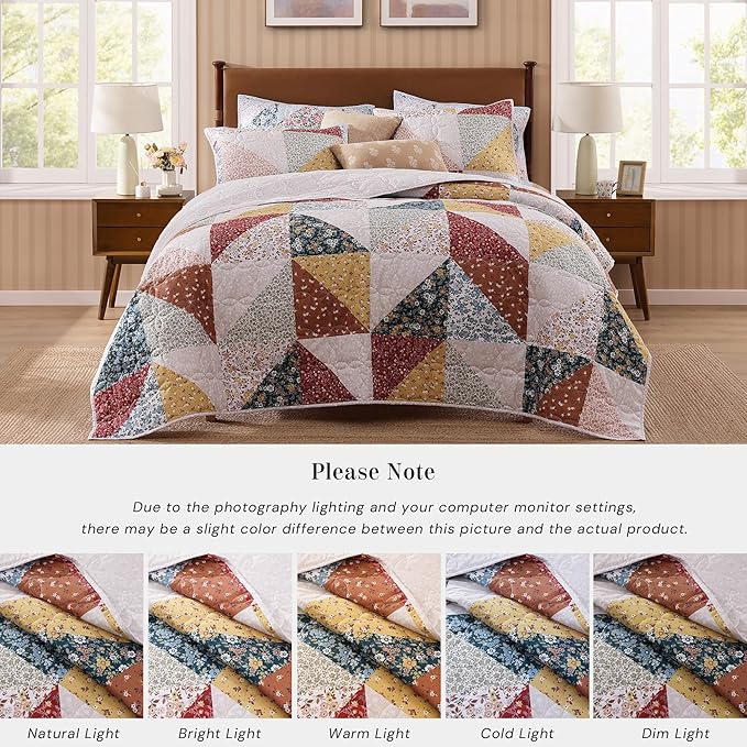 Quilt Set Twin Size, Patchwork Burnt Orange Floral Quilt Sets, Reversible Bedspread Lightweight and Breathable for All Seasons, Soft Quilted Bedspread with 1 Pillow Sham