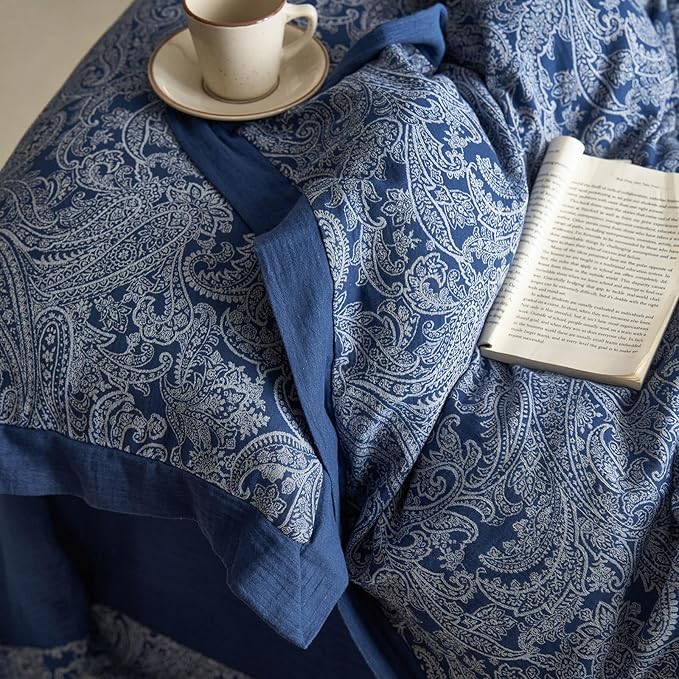 Vintage Navy Blue Duvet Cover Set King Paisley Print Duvet Cover Yarn-Dyed Cotton Jacquard Bedding Comforter Cover Boho Flower Paisley Bedding Set Farmhouse Style Breathable Duvet Cover for Men Women