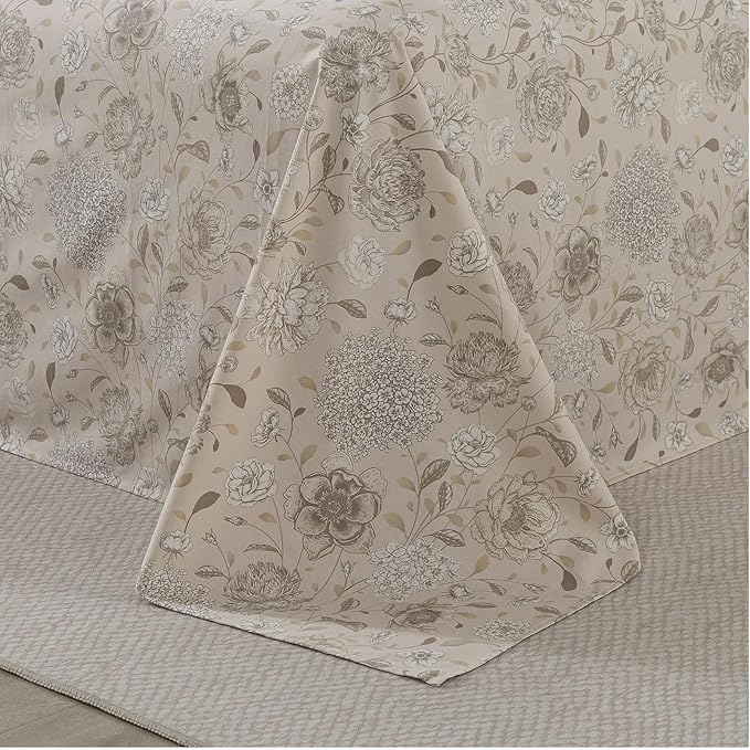 FADFAY Light Khaki Vintage Hydrangea Floral King Size Sheets Set 100% Brushed Cotton Shabby Peony Pattern Bedding Set Deep Pocket Sheets with 2 Pillowcases Luxury Daisy Breathable Soft 4pcs, King Size