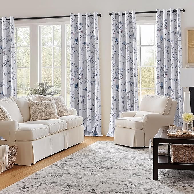 ChrisDowa 100% Blackout Floral Curtains 84 Inches Long 2 Panels for Bedroom Living Room Navy Blue Flower Patterned Room Darkening Thermal Insulated Soundproof Grommet Window Treatments Drapes,52X84