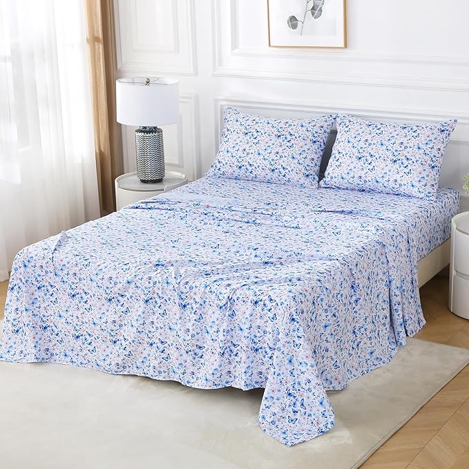Softan Queen Floral Sheets, Microfiber Blue Flower Printed Fitted Sheets with Non-Slip Corner Straps and 15" Deep Pocket, Butterfly Patterned Cozy Bed Sheets & Pillowcase Sets
