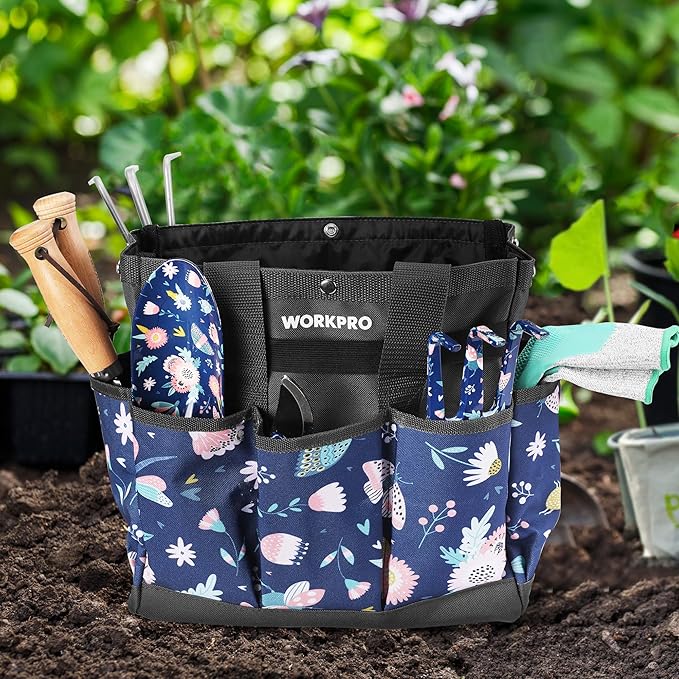 WORKPRO Garden Tool Bag, 9-Pocket Heavy Duty Oxford Tote Bag, Gardening Tool Kit Holder, 12" x 12" x 6" (Blue Insects)