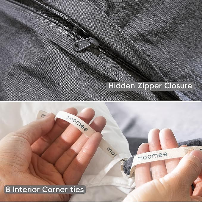 MooMee Bedding Duvet Cover Set 100% Washed Cotton Linen Like Textured Breathable Durable Soft Comfy (Heathered Dark Grey, Cal King 104"x98")