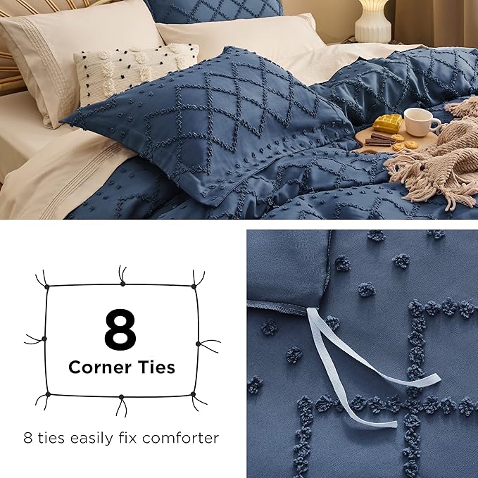 Bedsure Boho Duvet Cover Queen Size - Navy Breathable & Soft Boho Bedding, Machine Washable Comforter Cover for All Seasons, Includes 1 Duvet Cover 90"x90" with 2 Pillow Shams & Zipper Closure