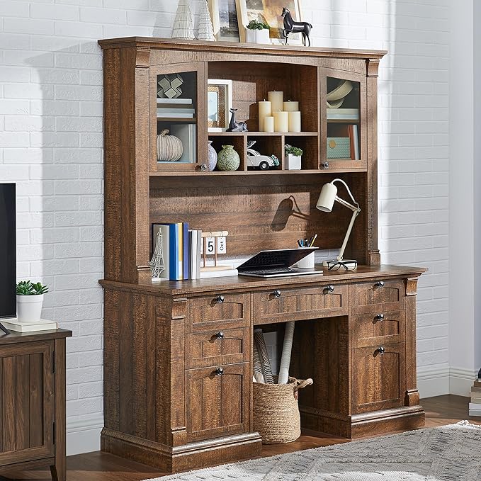 OKD Farmhouse Hutch for 60" Executive Desk, Office Desk Storage Cabinet with Glass Doors and Shelves, Top Hutch Organizer for Home Office - Reclaimed Barnwood