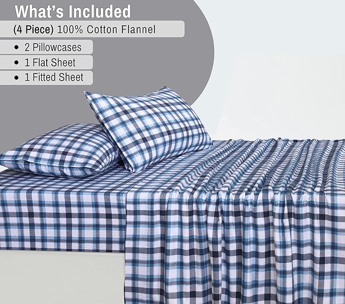 RUVANTI Flannel Sheets Full Size - 100% Cotton Double Brushed Bed Sheets Set, Deep Pockets 16 Inches, All Seasons Breathable & Extra Soft Full Sheets, Warm & Cozy, 4 Piece, Gingham Addition