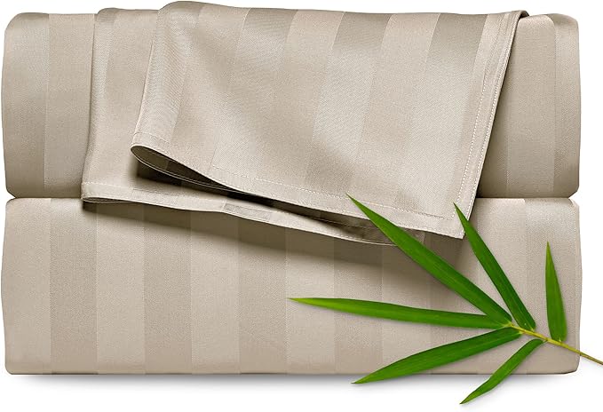 Pure Bamboo Split King Sheets, Genuine 100% Organic Viscose Derived from Bamboo Bed Sheet Set, Soft & Cooling, Double Stitching, 2 Fitted Sheets (Split King, Jacquard Sand)