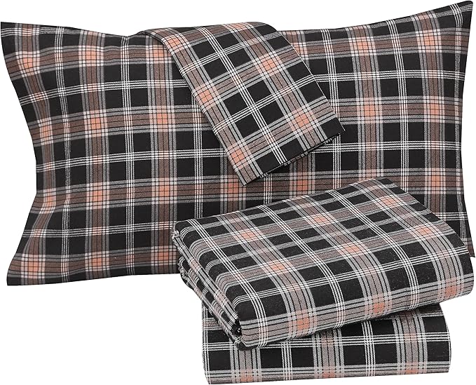 RUVANTI Flannel Sheets King Size - 100% Cotton Brushed King Size Sheets Set - Deep Pockets 16 Inches Bed Sheets - All Seasons Breathable & Extra Soft - Warm & Cozy, 4 Piece, Peach & Black Plaid