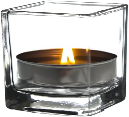 WGV 3 Inch Clear Square Cube Glass Votive Candle Holder Vase Bulk, Small Tiny Mercury Tea Light Terrarium Décor 3x3”, 24 Pieces
