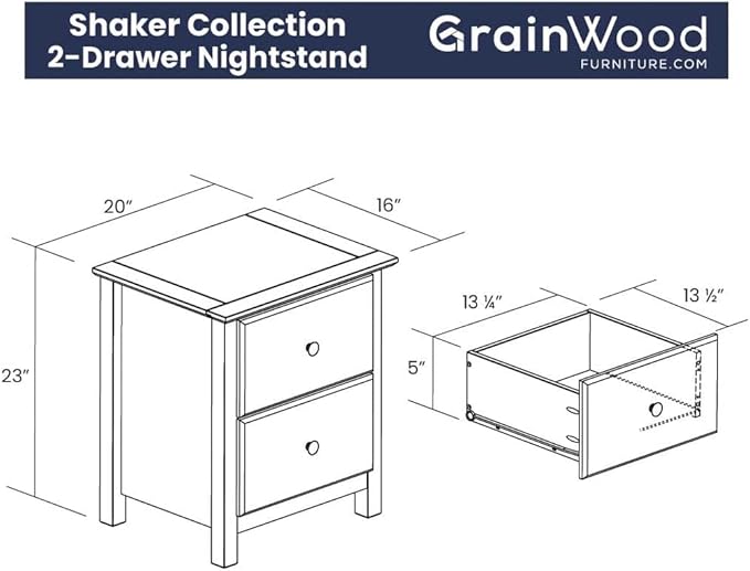 Grain Wood Furniture Shaker 2-Drawer Bedside Nightstand, Solid Wood with Walnut Finish