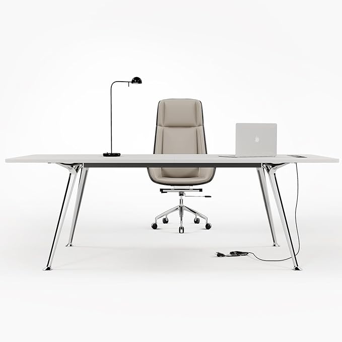 Writing Computer Desk, 60-Inch Large Executive Desk Office Workstation with Chrome-Plated Legs and Built-in Power Outlet, Writing Table Business Furniture, Modern Minimalist Style for Home Office