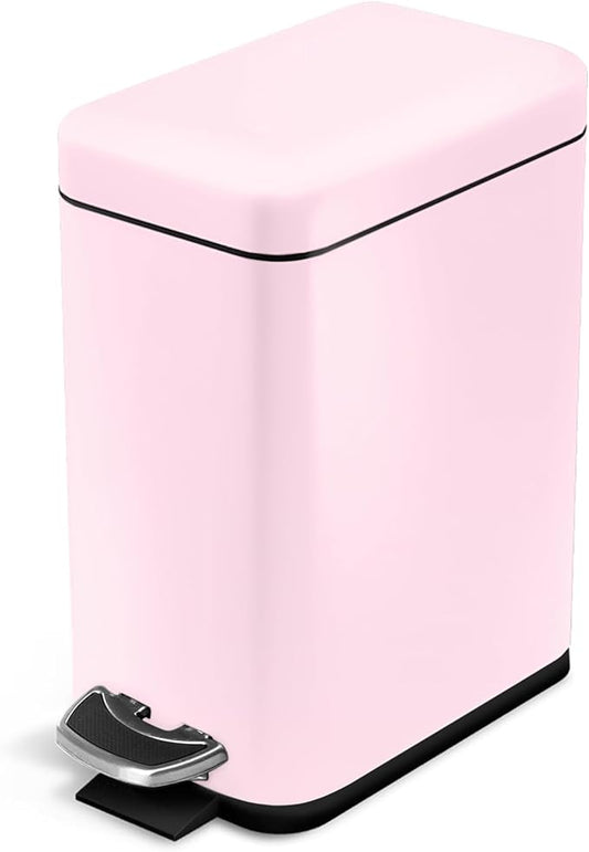 Home Zone Living 1.3 Gallon Small Bathroom Trash Can with Lid and Step Pedal, Stainless Steel Wastebasket with Slim Design for Home and Office, Matte Pink, 5 Liters