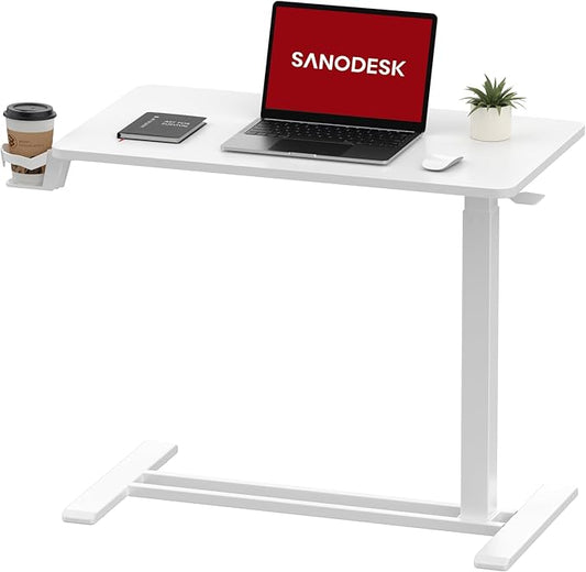 SANODESK Mobile Standing Desk with Hidden Wheels,Pneumatic Laptop Desk Rolling Computer Cart Movable Height Adjustable Small Sit Stand Desk for Home Office(27.6" W x 15.7" D, White)