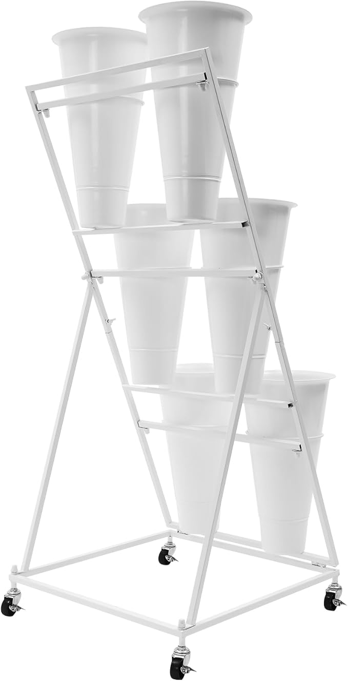 Flower Display Stand with 6 Buckets, 3 Layer Metal Plant Stand Indoor with Wheels, Heavy Duty Moving Flower Cart Flower Rack for Outdoor Patio, Garden, Florist