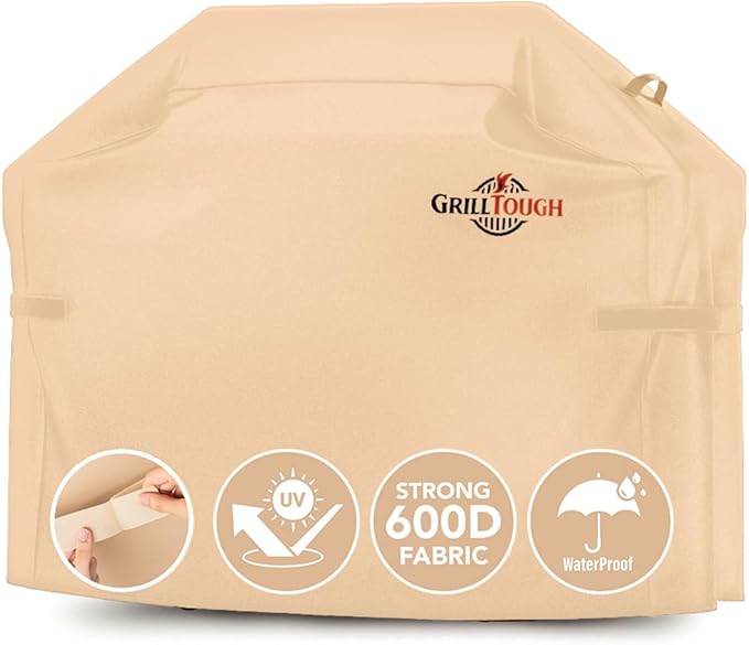GrillTough Heavy Duty BBQ Grill Cover for Outdoor Grill, 64 Inch – Waterproof, Weather Resistant, UV & Fade Resistant with Adjustable Straps – Gas Grill Cover for Weber, Genesis, Charbroil, etc. Tan