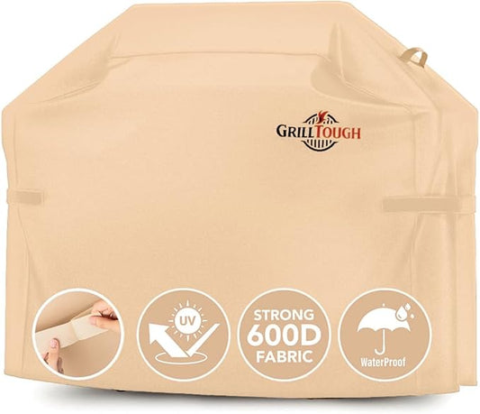 GrillTough Heavy Duty BBQ Grill Cover for Outdoor Grill, 52 Inch – Waterproof, Weather Resistant, UV & Fade Resistant with Adjustable Straps – Gas Grill Cover for Weber, Genesis, Charbroil, etc. Tan