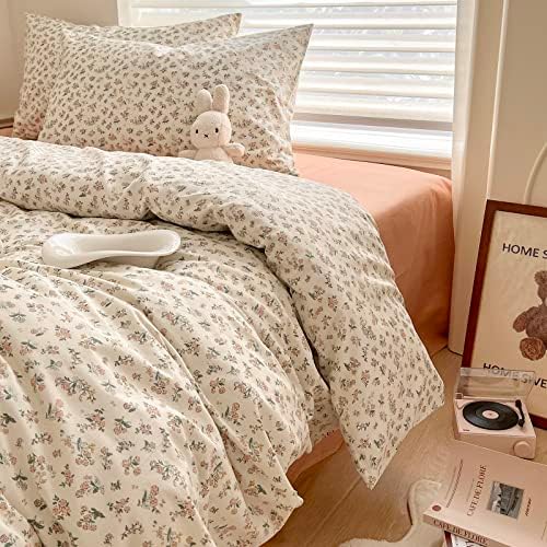 EAVD King Cotton Bed Linen Set, Garden Style, 100% Cotton, Small Floral, 1 Duvet Cover, 2 Pillowcases, Zipper Closure