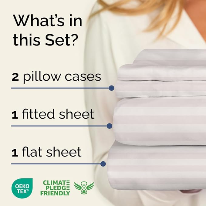 Grey Striped Sheets - 1 Flat & 1 Fitted Sheet & 2 Pillowcases w/ Deep Pockets - Comfy, Cozy, Wrinkle & Fade Resistant - Ultra-Soft, Breathable and Cooling - Luxury Pinstripe Bedding - Queen Size