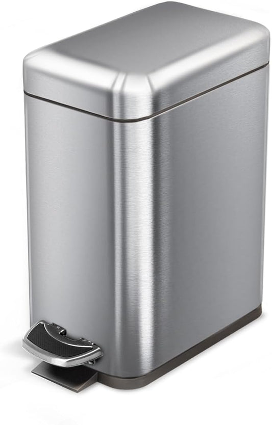 Home Zone Living 1.3 Gallon Small Bathroom Trash Can with Lid and Step Pedal, Stainless Steel Wastebasket with Slim Design for Home and Office, Silver, 5 Liters