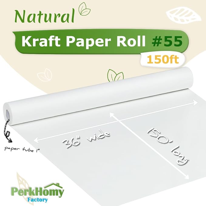 PerkHomy White Kraft Paper Roll 36" x 1,800" (150') for Gift Wrapping Bouquet Flower Art Painting Craft Writing Packaging Shipping 80GSM 55LB (White, 36" x 150')