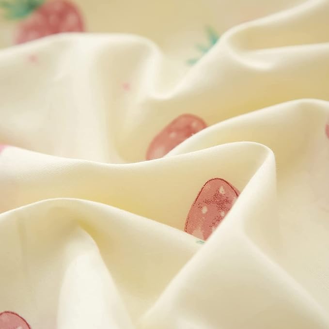 LifeTB Cute Strawberry Duvet Cover Queen 3 Pieces Strawberry Bedding Set Kawaii Bedroom Decor 100% Cotton Comforter Cover Kids Teen Girls Fruit Bedding Duvet Cover with 2 Pillowcases, Cream White