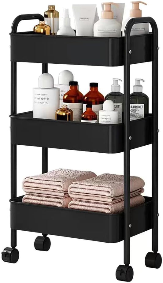 XIUSHE 3-Tier Rolling Metal Utility Cart - Sturdy Portable Organizer for Office, Kitchen, Bathroom | Black