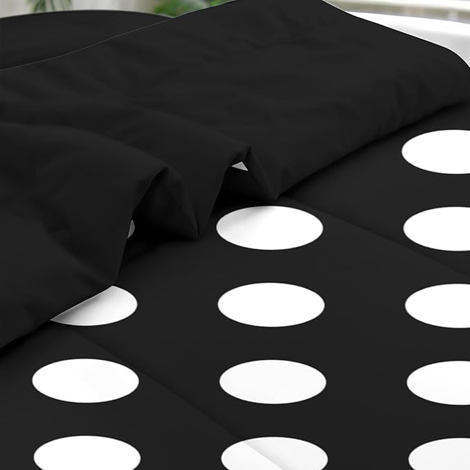 Comforter Set King Size, Polka Dot 7 Pcs Bedding for Kids and Adults, Black and White Bed Sheet Sets with Fitted Sheet 2 Pillowcase & 2 Sham for Bedroom Bed Decor