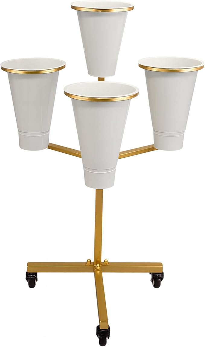 Flower Display Stand with Buckets - Flower Cart with Wheels for Bouquet Shop, Metal Flower Rack Display Stand for Wedding Garden, Party, Events (White, Round buckets)