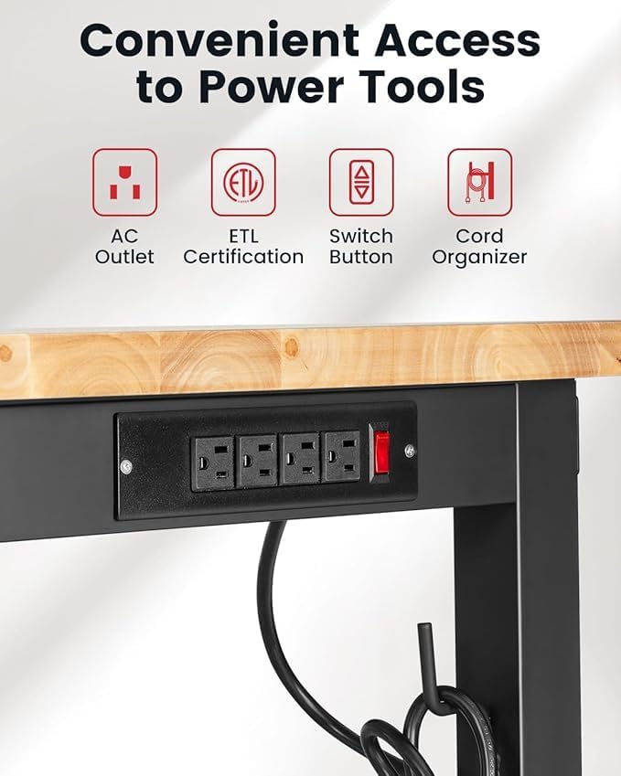 Workbench for Garage 48 Inch Work Bench Table Adjustable Height Rubberwood Tabletop Work Table with Power Outlets for Woodworking Shop Home Office Electronic Cutting Wood