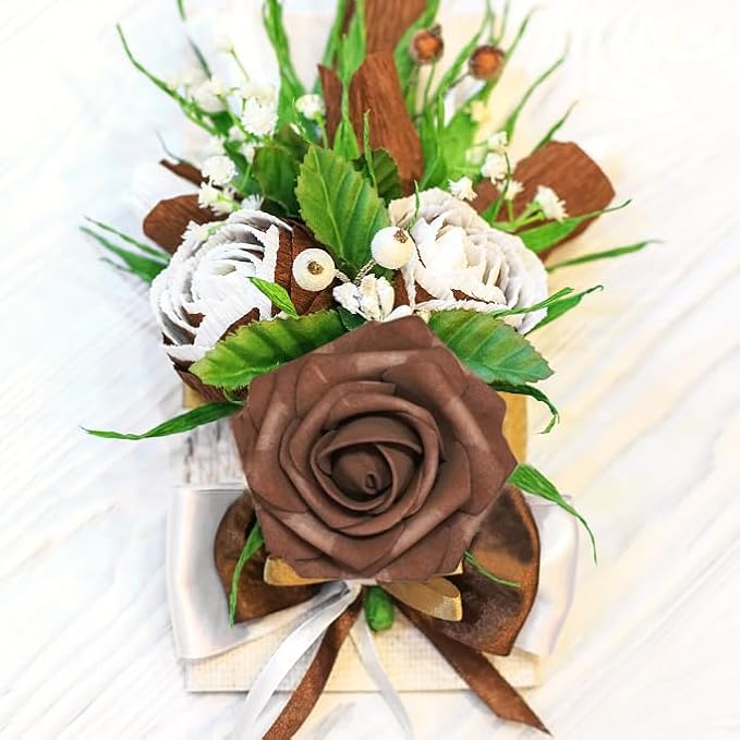 Artificial Flowers, 25pcs Artificial Rose for DIY Wedding Bouquets Centerpieces Arrangements, Brown Foam Roses with Stem for Bridal Shower Party Home Decorations