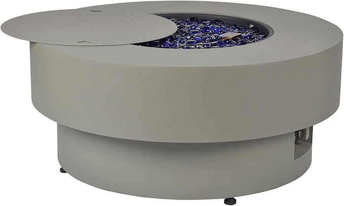 Propane Outdoor Fire Pit Table, Flint & Concrete Look 32.5-inch Round Patio Propane Fire Table 50,000 BTU w/Lid, Glass Rocks, Cover, Pre-Attached 10ft Hose