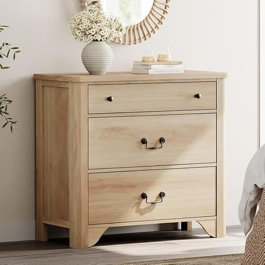 WAMPAT 3 Drawer Dresser for Bedroom, 31.5" Farmhouse Dresser, Kids Dressers for Nursery with Wide Chest of Drawers for Bedroom, Living Room, Oak