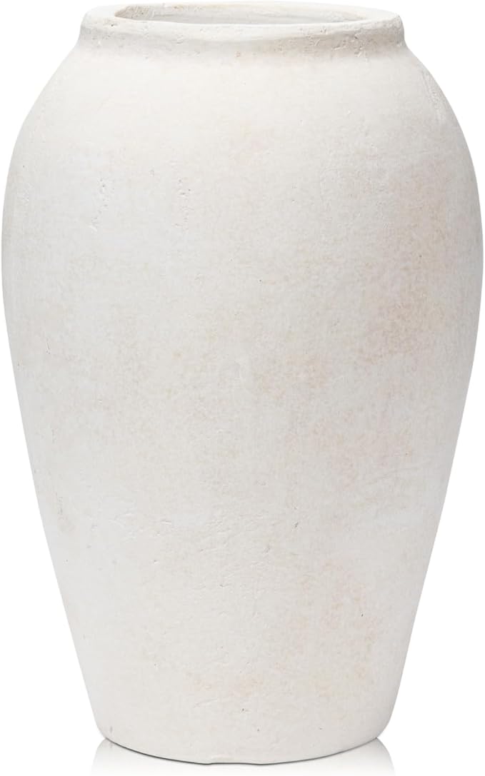 Handcrafted Terracotta Flower Vase, 9.6" Tall, Vintage White Ceramic, Rustic Antique Decor, Wide Mouth, Matte Finish for Home Office Resto Cafe