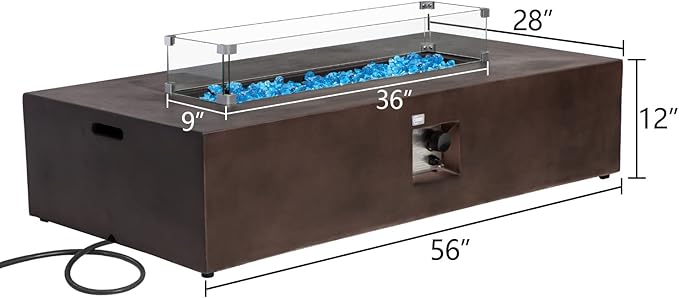 COSIEST Outdoor Propane Fire Pit Table, 56-inch x 28-inch Rectangle Bronze Compact Concrete-Like Finish, Certified, 50,000 BTU Stainless Steel Burner w Blue Fire Glass, Wind Guard, Raincover